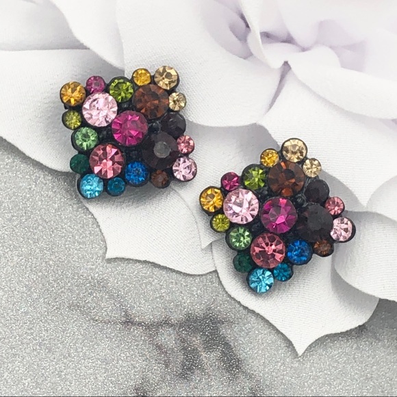🌼 Multicolor Rhinestone Square Post Stud Earrings - Picture 1 of 3